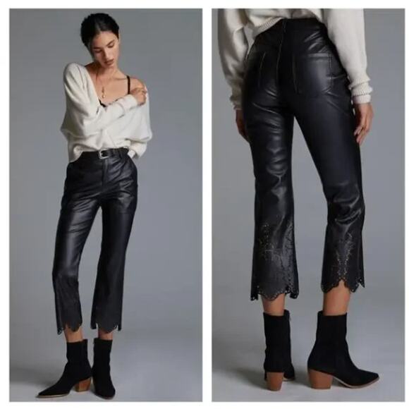 ANTHROPOLOGIE Scalloped Laser Cut Faux Leather Trouser Pants Black Sz 0 {3T53} - Picture 1 of 5